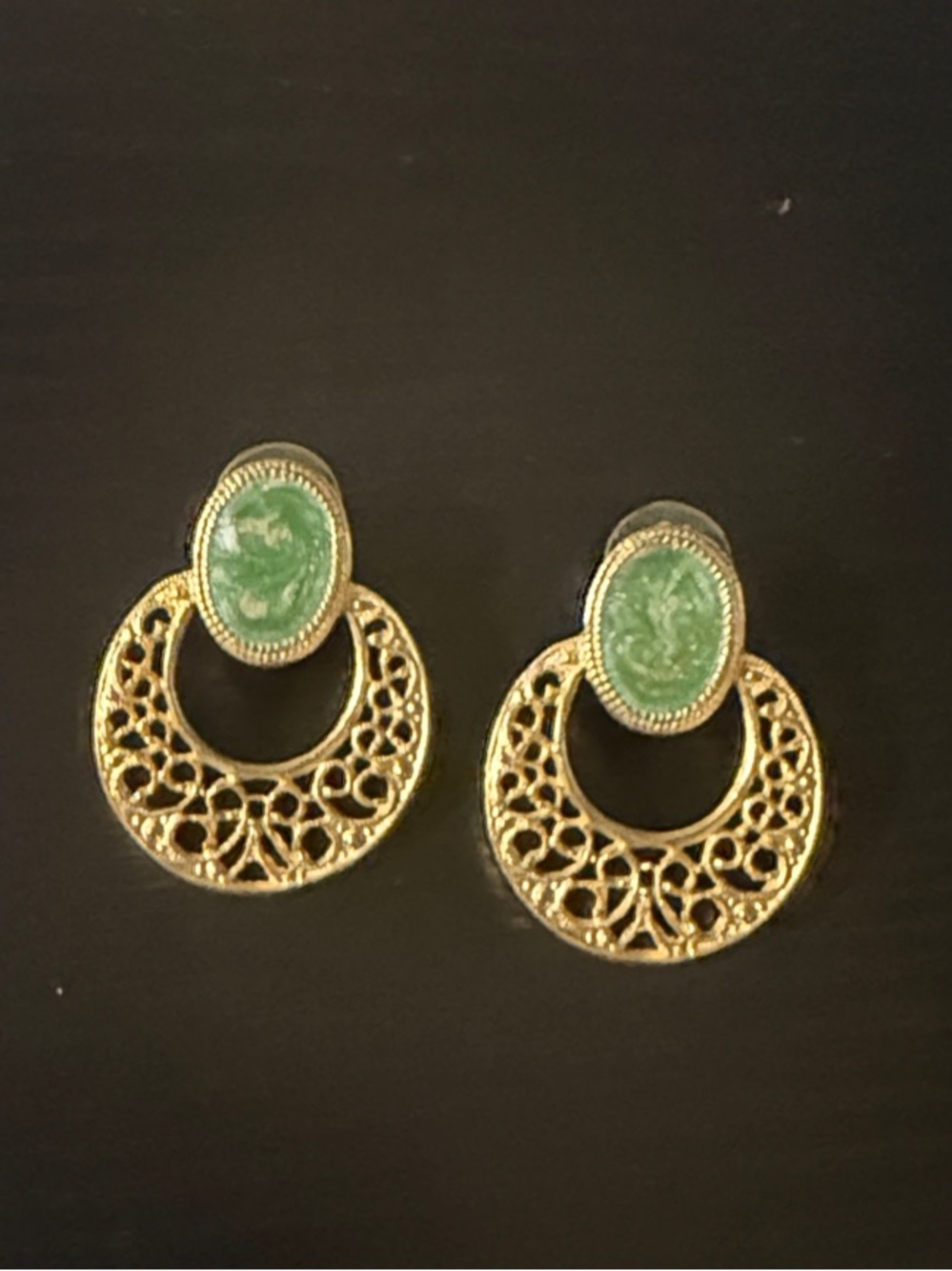Vintage Gold Filigree Hoop Earrings with Green Cabochons